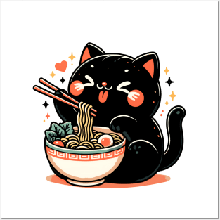 Kawai Cat Eating Ramen Posters and Art